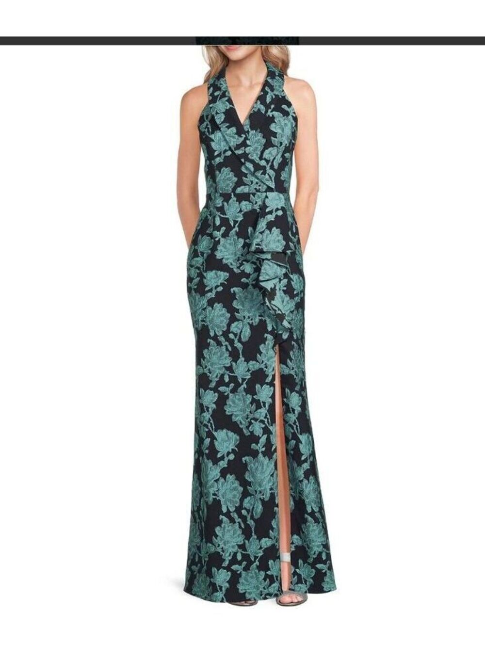 Adrianna Papell Navy Teal Floral Jacquard Ruffle Maxi Dress Sz 10 Luxury $299